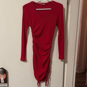 Chic Red Long Sleeve V-Neck Dress
